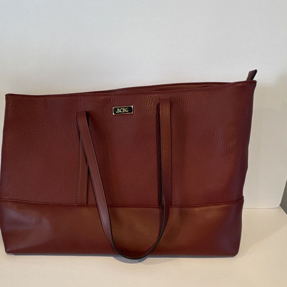 BCBG Burgundy Tote Bag Zip Top, Lined Inner Pockets,